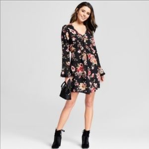 Xhilaration long sleeve black floral boho flower mini dress